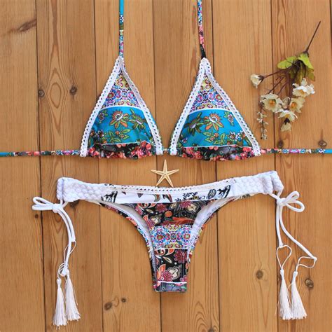 fringed bikinis mini micro string thong swimwear swimsuit beach bikini sets tassel printing