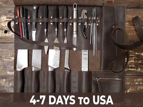 Professional chef 5 pocket knife bag case case is black on the out side and black on the inside bag has 2 zippers, elasticized pockets, name tag area and handle. Knife roll leatherKnife roll bagKnife bag chefChef knife ...