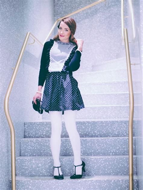 White Tights Dotted Dress Frill Sweater White Tights T Strap Pumps