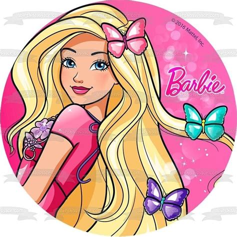 Mattel Barbie Butterflies Pink Background Edible Cake Topper Image
