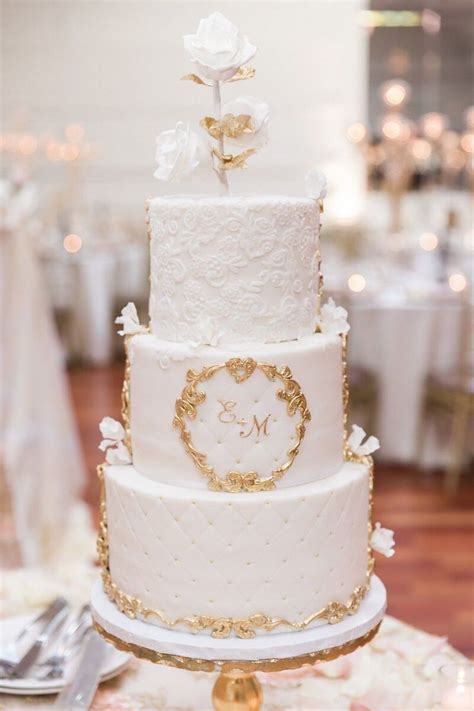 White And Gold Wedding Cake 3 Tier Wedding Cake Gold Wedding Cakes