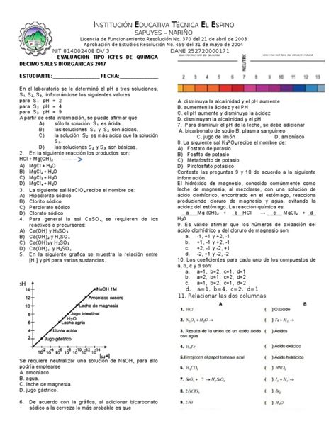 Evaluacion Tipo Icfes De Quimica Decimo Sales Inorganicas Iete 2017