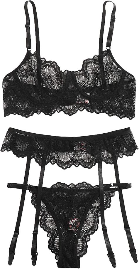 shein women s 3 piece floral lace lingerie set with garter belts sexy bra and panty amazon ca