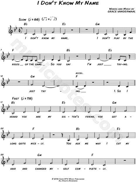 Grace Vanderwaal I Dont Know My Name Sheet Music Leadsheet In Bb Major Transposable