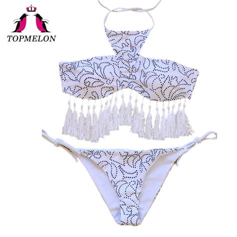 topmelon bikini set sexy women print tassels lace up halter dots triangle bikini beachwear