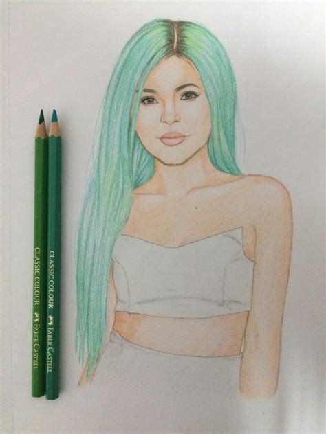 A Pencil Drawing Of A Woman With Green Hair