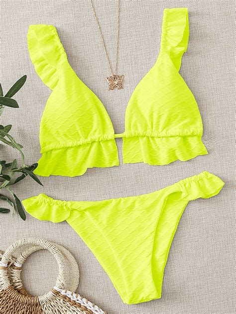 Textured Ruffle Triangle Bikini Swimsuit Bikinis Cute Swimsuits My
