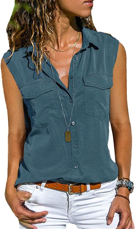 Soluo Women S Sleeveless Button Down Shirt Casual Lapel V Neck Pocket