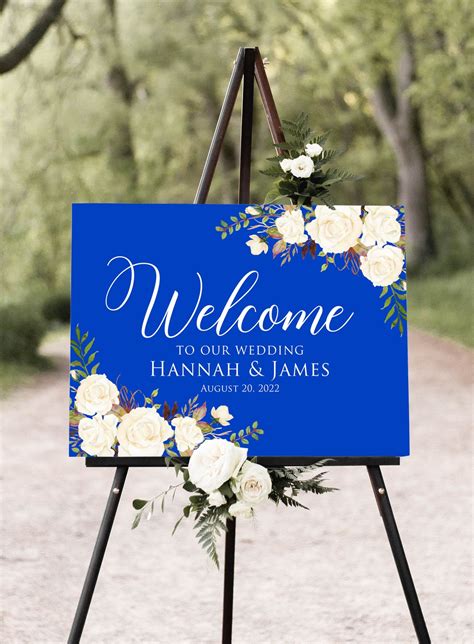 Royal Blue Wedding Welcome Sign Blue And White Flowers Wedding Sign