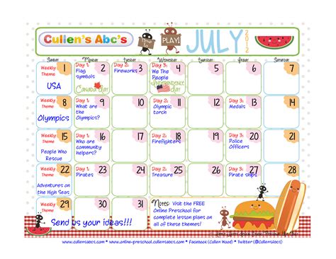 Preschool Weekly Themes Calendar Teaching Treasure