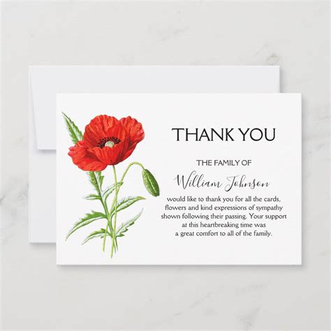 Stunning Watercolor Poppy Funeral Bereavement Thank You Card Zazzle