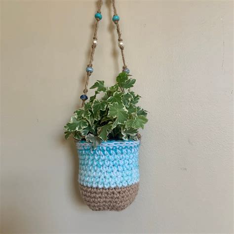 White Blue Beige Hanging Planter Handmade Crochet Planter Knit Etsy