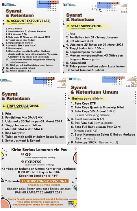 Info lowongan kerja pt pos dipersembahkan oleh informasicpnsbumn.com. Lowongan Kerja SMA SMK S1 Staf Kantor Pos Indonesia ...
