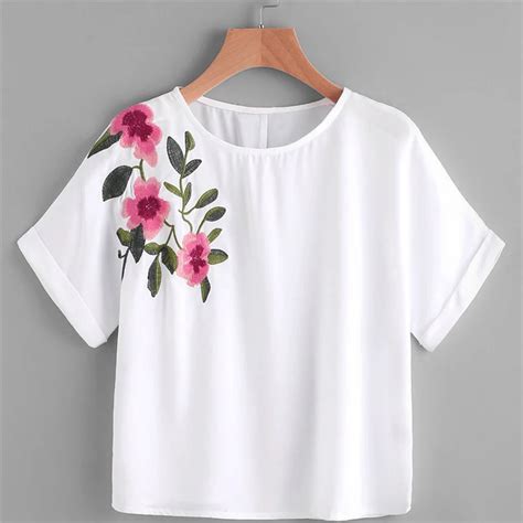 High Quality T Shirt O Neck Flower Embroidery T Shirt Women Plain Simple T Shirt For Women Short