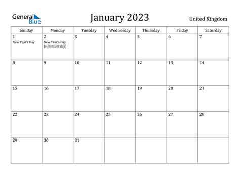 United Kingdom January 2023 Calendar With Holidays