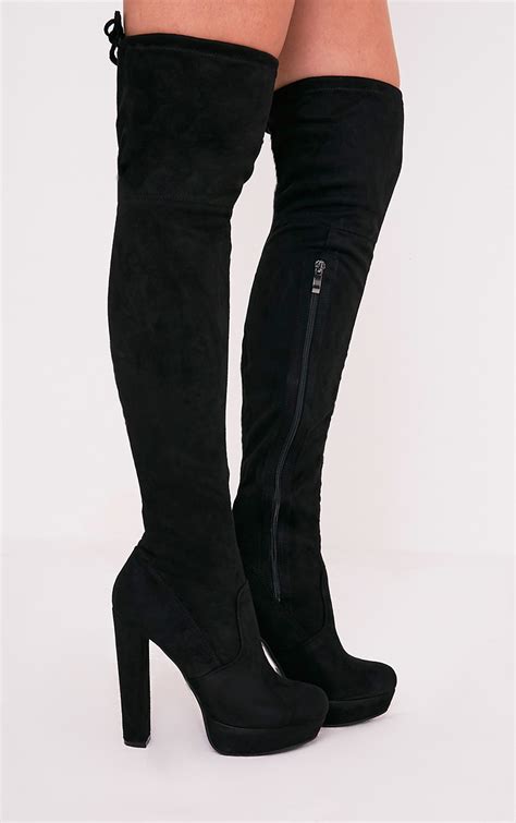 elisabeth black faux suede platform thigh high boots high heels prettylittlething