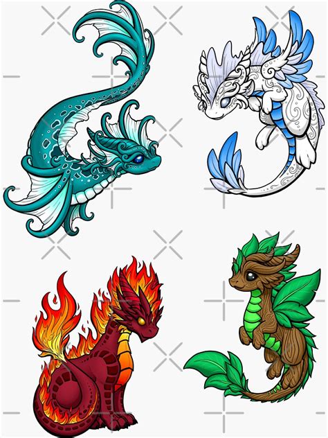 Four Elements Dragons Sticker By Rebecca Golins Cute Dragon Drawing
