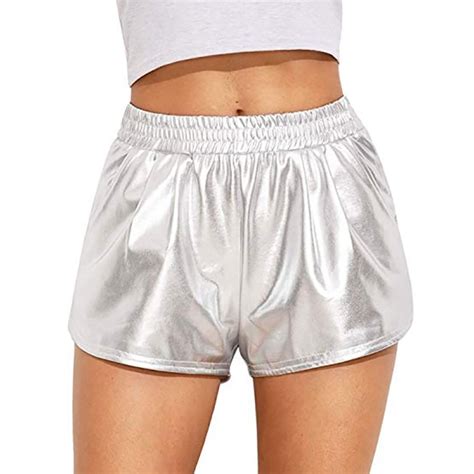 Women Shinny Metallic Casual Loose Shorts Elastic Mid Waist Sparkly Hot Dance Short Outfit T8 In