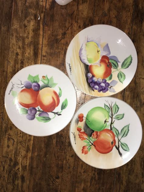 First design global decorative antique floral 12 piece melamine dinnerware, unique dish set for parties or everyday use, service for 4. Vintage Hitomi fruit plates/three hand painted plates made in Japan/kitchen wall art/kitchen ...