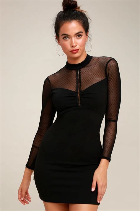 Sexy Black Dress Mesh Long Sleeve Dress Bodycon Dress Lulus