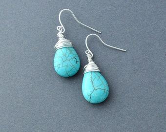 Turquoise Teardrop Wire Wrapped Earrings Handmade Jewelry Etsy