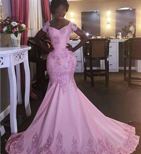 African Black Girl Pink Appliques Mermaid Evening Dresses 2017 V Neck