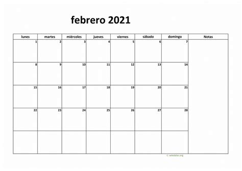 Calendario Febrero 2021