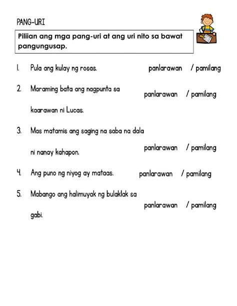 pang uri filipino 3 worksheet pagkilala sa pang uri interactive worksheet dulce arella