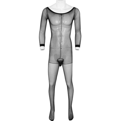 Mens Bodysuit Sheer Nylon Bodystocking Jockstrap Underwear Jumpsuits