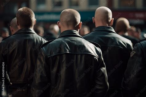 Back View Of Group Of Skinhead Neo Nazis In Leather Jackets Generative