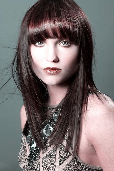 Long Black Hair With Blunt Bangs With Burgundy Highlights