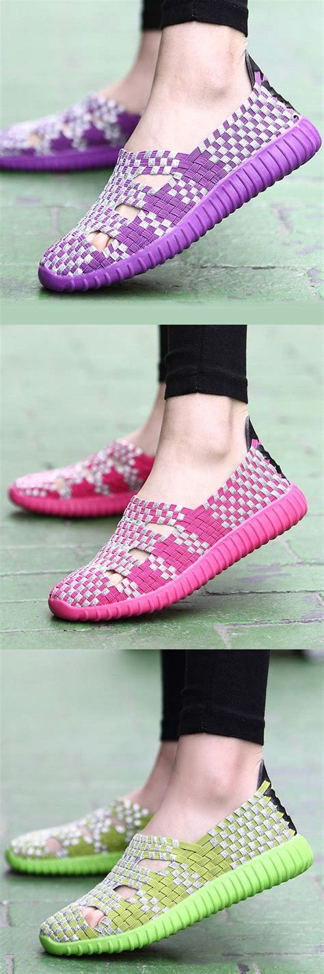 Hollow Out Knitting Weave Slip On Breathable Flat Casual Shoes Women