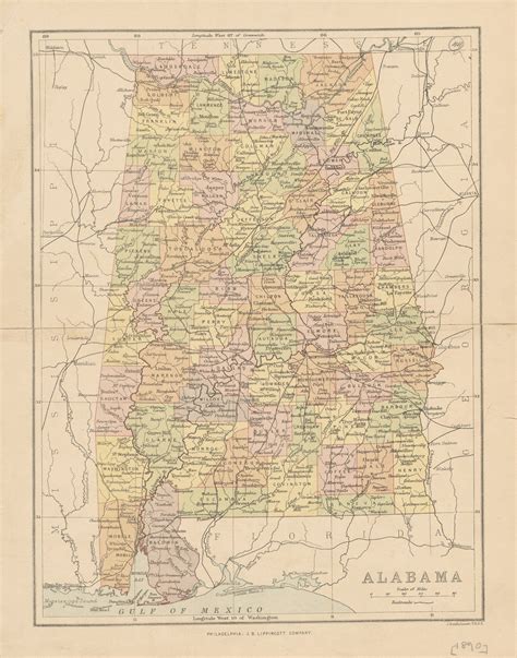 Vintage Map Of Alabama 1890 Antique Art Print T Home Decor