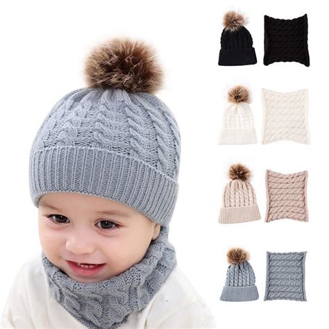 Baby Wool Hat Kid Ball Knitted Cap Bib 2pcs Winter In Hats And Caps
