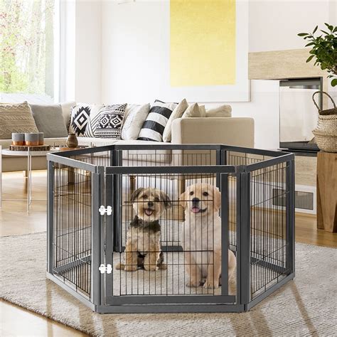Yoleny 32 Pet Playpen With Solid Wood And Wire 6 Panels Freestanding
