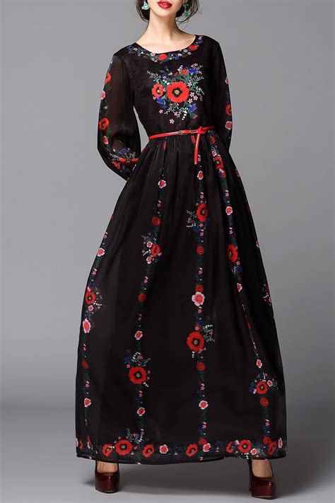 By Megyn Black Flower Embroidered Maxi Long Sleeve Dress Maxi Dresses