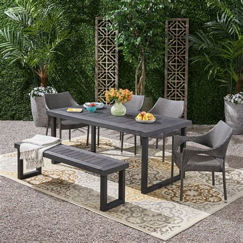 Amina Outdoor 6 Piece Acacia Wood Dining Set With Bench And Wicker