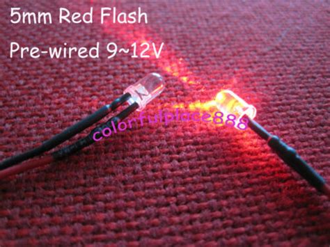 50pcs 5mm Red Flash Flashing Blink 9v 12v Dc Pre Wired Water Clear Led Leds 20cm Ebay
