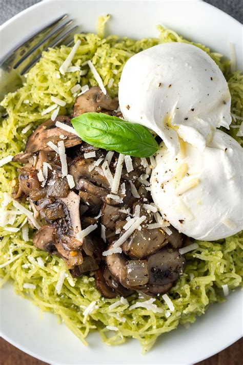 Pesto Spaghetti Squash With Mushrooms And Burrata Bound By Food