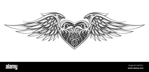 Tatuaje Monocromo De Corazón Alado Dibujado En Estilo Grabado Aislado