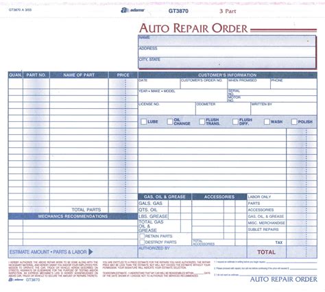 Repair Order Template Automotive