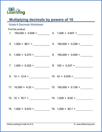 Decimals arranged in vertical position with enough spaces to work out directly into the pdf worksheets. Grade 6 Math Worksheets: Multiplying decimals by 10 to ...