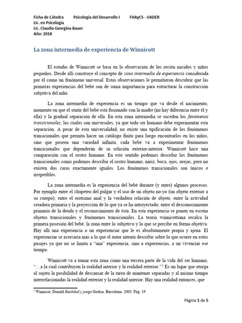 Ficha De Cátedra La Zona Intermedia De Experiencia De Winnicott Pdf