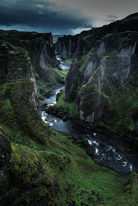 Fjadrargljufur Canyon With Fjar River Flowing Through It Iceland