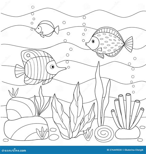 Kids Coloring Book With Underwater Fish Algae Stock Vector