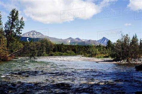 View Of River And Mountains And Forest Ural Mountains Russia Stock