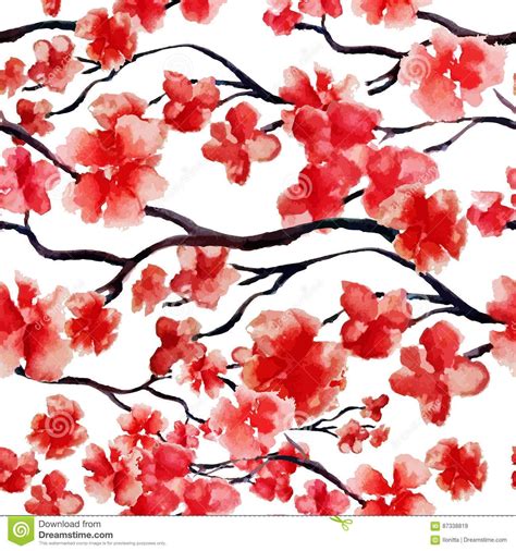 Japanese Cherry Branch Spring Blossom Red Sakura Tree Seamless