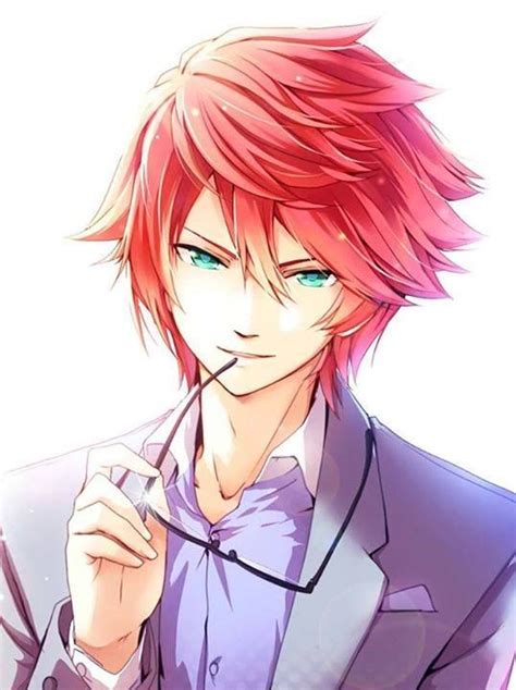 Pink Hair Glasses Green Eyes Anime Guy Male Anime Sensual I Love Anime