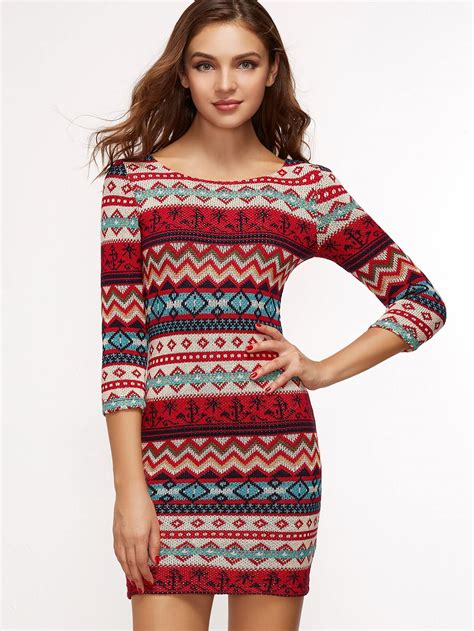 multicolor tribal pattern knitted bodycon dress shein sheinside