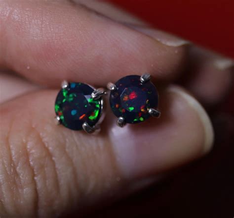 Rare Quality Grade Sparkling Multicolored 7 Mm Natural Black Opal Stud